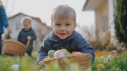 A small child sits on the grass, joyfully holding a basket filled with colorful Easter eggs.