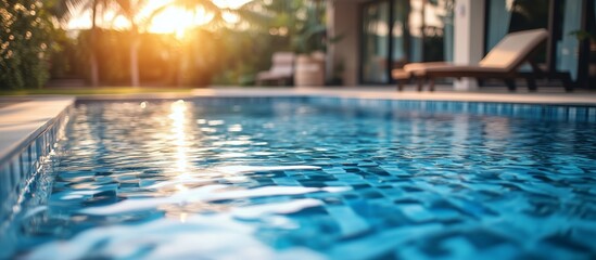 Fototapeta premium Relaxing Poolside Scene at Sunset With Calm Water and Tropical Surroundings