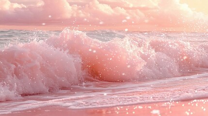 Fototapeta premium Pink Paradise: Serene Sunset Waves Crashing on a Dreamy Beach