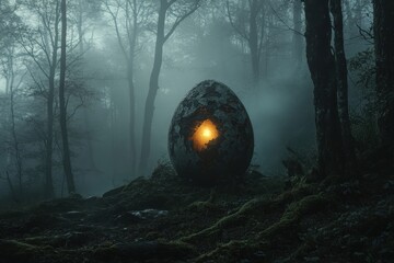 Fototapeta premium Mysterious glowing egg in a foggy forest surrounded by ancient trees at twilight
