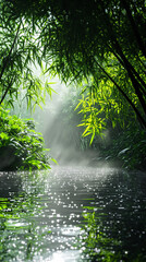 Fototapeta premium tranquil river through lush green forest in foggy morning light