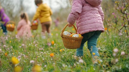Fototapeta premium People stroll through a vibrant field, joyfully carrying baskets filled with colorful Easter eggs.