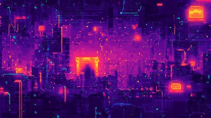Fototapeta premium A vibrant digital landscape featuring abstract shapes in purple and teal hues, creating a futuristic city vibe.