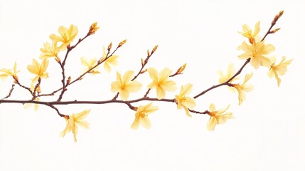 Delicate yellow blossoms on a twig against a soft white background, evoking a sense of tranquility and renewal.