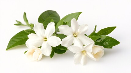 Obraz premium Delicate white jasmine flowers elegantly arranged on a bright white background.