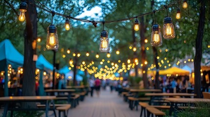 Naklejka premium Evening Market Lights: A Serene Outdoor Gathering