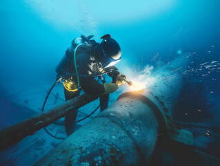 Female Underwater Welder Repairing Corroded Steel Structure in Ocean Depths