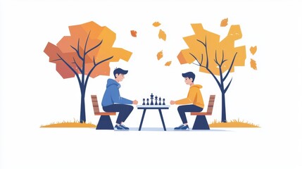 Teen Boy Playing Chess Cinematic contrast modern style illustration.
