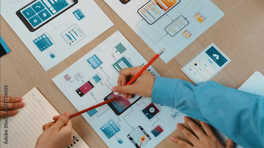 Poster top view panorama video of startup company employee planning on user interface prototype for mobile 