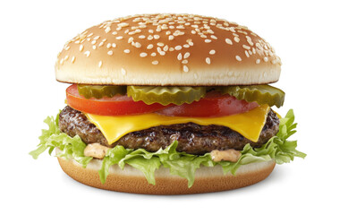 Juicy cheeseburger with a sesame seed bun, fresh lettuce, melted cheddar, tomato slices, pickles, and a grilled beef patty topped with creamy sauce, isolated on white background