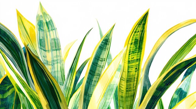 Vibrant close-up of snake plant leaves showcasing rich green and yellow hues, embodying nature's beauty and tranquility.