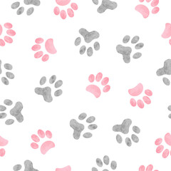 Pet paws print seamless pattern. Vector background with watercolor cat and dog paws