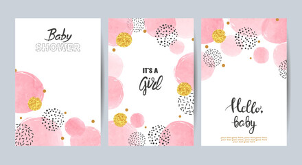 Baby shower girl cards set. Vector invitation birthday party card design