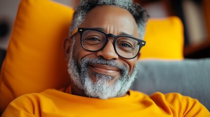 A smiling older man in orange clothing sits comfortably on a couch filled with pillows. Portrait of a black old man smiling at the camera while enjoying a moment of contentment at home.