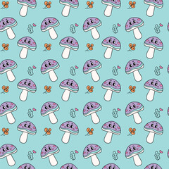 Adorable seamless pattern featuring purple mushrooms with smiling faces, butterflies, hearts, and leaves on a turquoise background