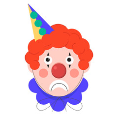 Sad clown vector illustration. Clown with sad smile isolated on white background. Portrait of sad clown. Clown face. Clown flat illustration. 