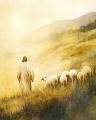 The Good Shepherd returns a lamb to its fold, bathed in serene golden light.