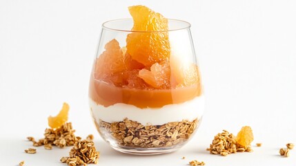 Pomelo yogurt parfait layered with granola and fruit compote, served in a clear glass, isolated on white