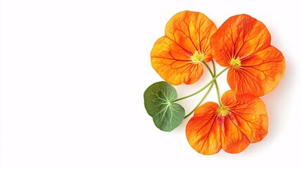 Three vibrant orange nasturtium flowers with green leaves, showcasing their bright hues against a clean background.