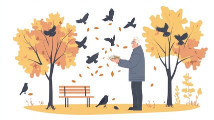 Senior Man Feeding Birds in Park Cinematic contrast modern style illustration.