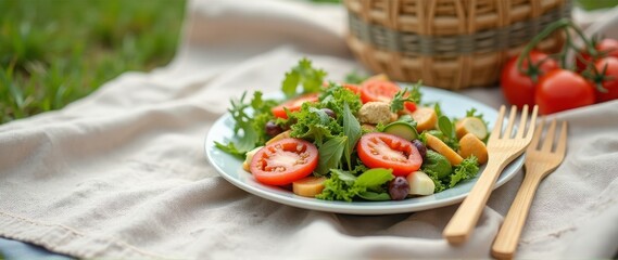 On the right is a set of bamboo cutlery on a picnic blanket with salad, an eco-friendly