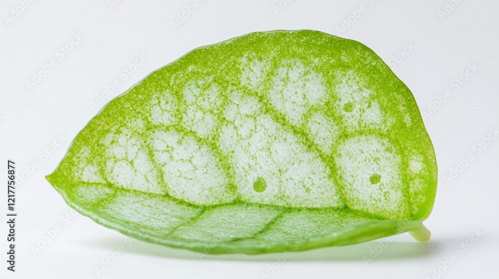 Poster close-up of a vibrant green leaf displaying intricate patterns and textures against a clean white ba