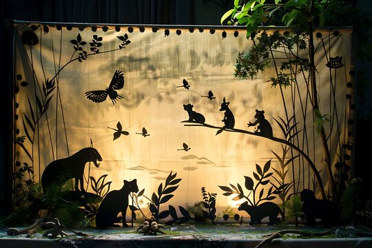 Backlit shadow puppets of animals cats, rodents, a jaguar and birds on a scenic backdrop. Plants and foliage enhance the junglelike setting. Artistically crafted and beautifully lit.