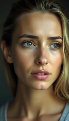 Obraz premium Portrait of a Woman with Blond Hair and Green Eyes, Light Background, Soft Lighting