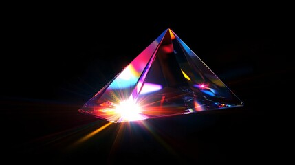 Fototapeta premium A vibrant glass prism illuminated against a dark background, casting colorful reflections and light rays.