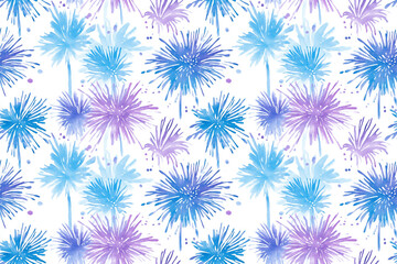 Seamless watercolor blue and purple fireworks on a white background pattern