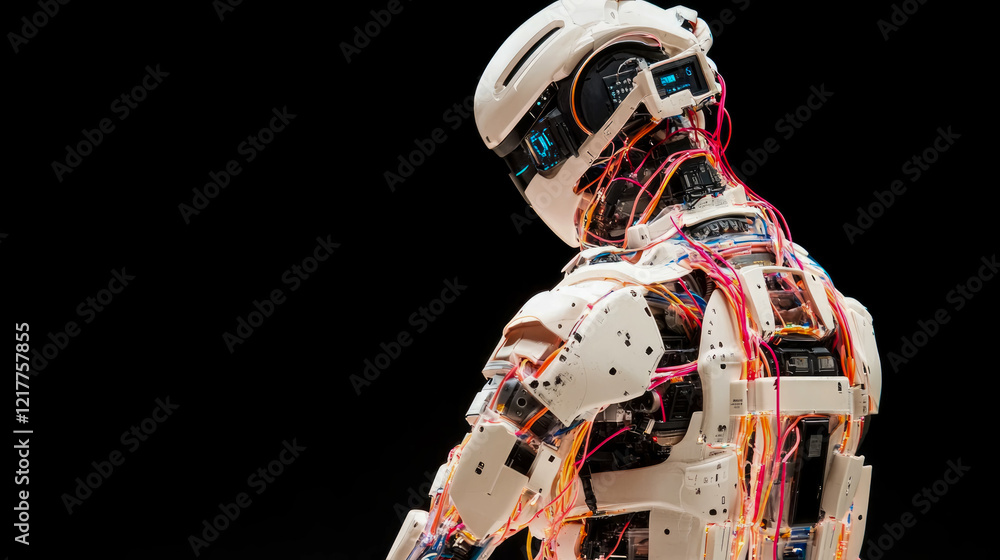 Poster advanced humanoid robot showcasing intricate internal wiring and mechanical components against a bla