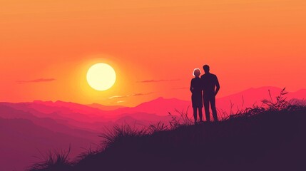 Fototapeta premium Older Couple Watching Sunset Cinematic contrast modern style illustration.