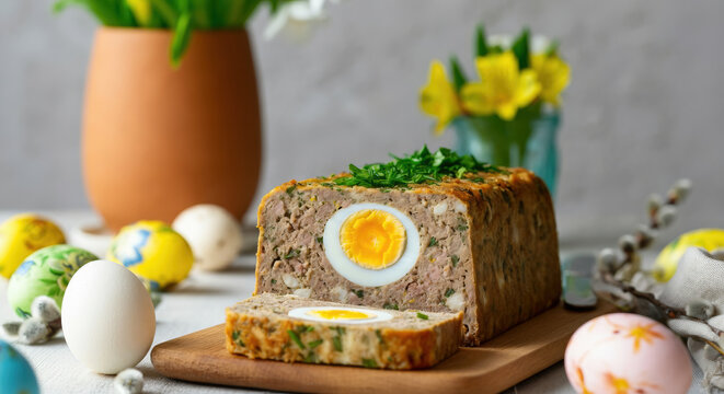Festive easter Drob de Miel meatloaf with eggs and fresh herbs on wooden board.