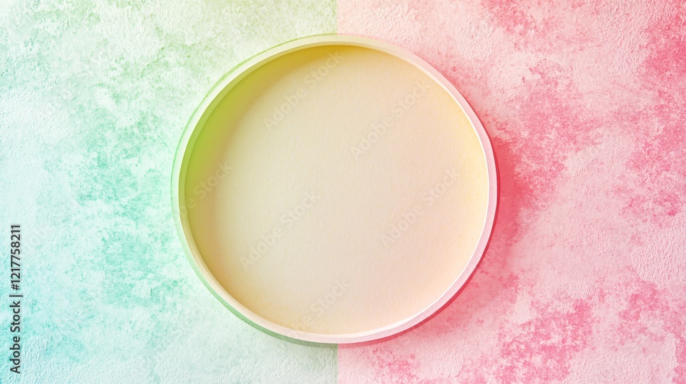 Poster a circular plate with a smooth, empty surface sits against a split background of pastel green and pi