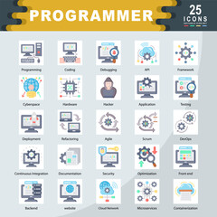 Programmer icon set containing Programming, Coding, Debugging, API, Framework, Cyberspace, Hardware, Hacker, Application, Testing icon. Simple flat vector