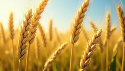 Fresh wheat stalks with golden kernels and leaves, floral, kernels