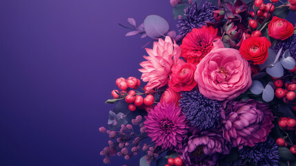 Fototapeta premium Bouquet Featuring Bold Pink Flowers in Varying Shades Set Against a Rich Purple Background, Creating a Striking Visual Contrast