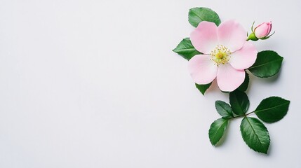 A delicate pink flower with soft petals and a budding rose, accented by fresh green leaves on a clean, white background.