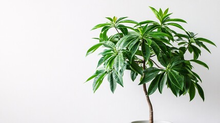 A lush green potted plant with glossy leaves, bringing life and freshness to a minimalist interior space.