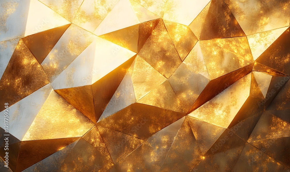 Poster abstract gold and white geometric background with triangular facets 3d render