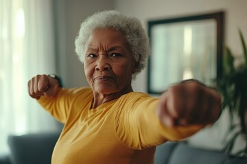 Older woman demonstrates a strong fighting stance at home during the afternoon