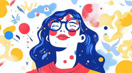 A cheerful woman with glasses smiles amidst a burst of vibrant colors and playful shapes. The lively background features abstract patterns, adding to the joyful vibe. theme of US flag, a 14th of July 