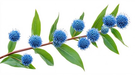 Vibrant blue flower heads with green leaves against a white background.
