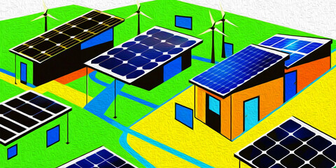 Solar panel on the roof of the house . Oil paint illustration.