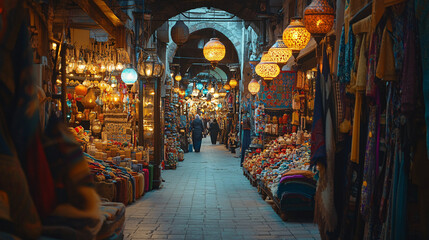 Obraz premium vibrant middle eastern market street with colorful lanterns and storefronts