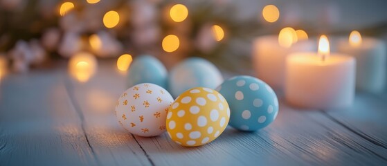 Obraz premium Colorful Easter eggs arranged on a table, accompanied by decorative candles, creating a festive atmosphere.
