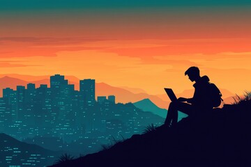Fototapeta premium Silhouette of a Nomadic Worker on a Hilltop at Dusk, Engaged with Laptop Overlooking the City