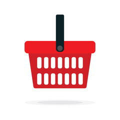 Fototapeta premium Red Shopping Basket Vector Icon isolated on white background. e-shop concept, shopping basket icon sign, pictogram supermarket basket ,store container. Hypermarket product carry object, grocery basket