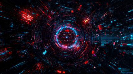 Obraz premium Abstract Futuristic Tunnel: Red and Blue Digital Rings, Glowing Lines, and Data Streams