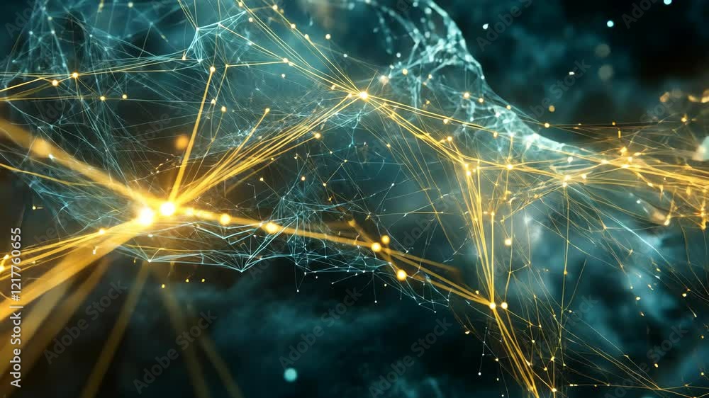 Poster abstract representation of interconnected glowing particles showcasing a digital network at night
